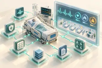 Illustration of an ICU digital ward with patient monitoring and connected specialist AI agents