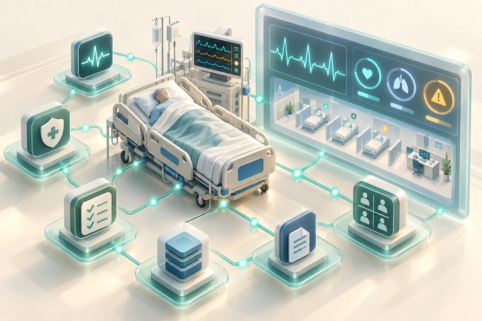 Illustration of an ICU digital ward with patient monitoring and connected specialist AI agents